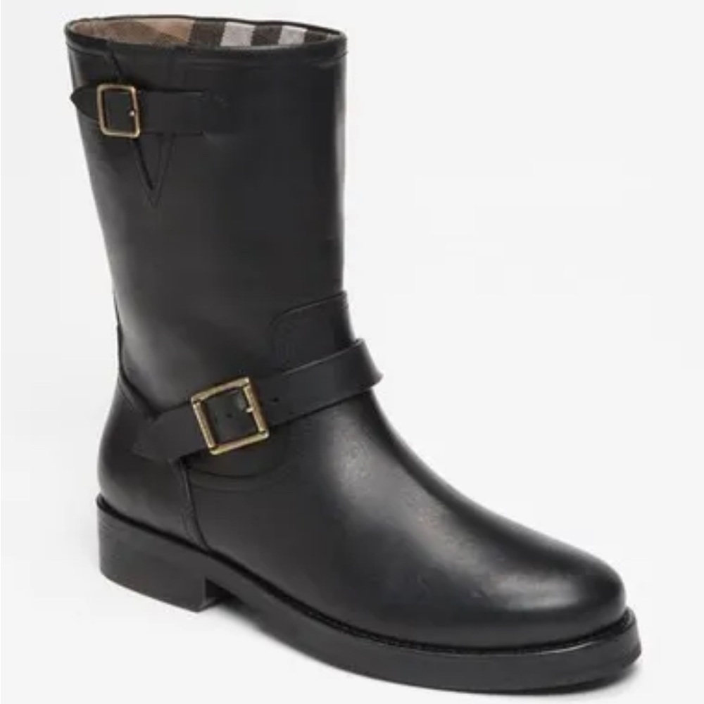 BURBERRY 'WINGFIELD' BLACK LEATHER MOTO BOOTS NOVA CHECK sz 39 IT / US 9